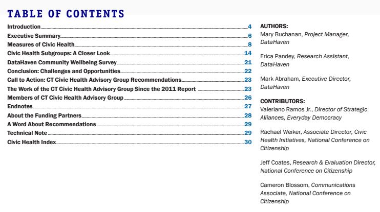 civic health report table of contents DataHaven Connecticut data